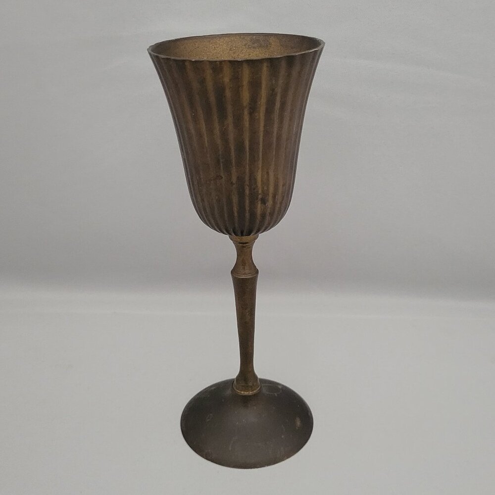 Vtg Solid Brass RIH India 7" Wine Goblet Glass Chalice Ribbed Fluted Aged Patina